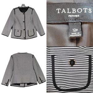 Talbots Blazer Jacket Womens Size 12P Stretch Crop Lined Black White Stripe